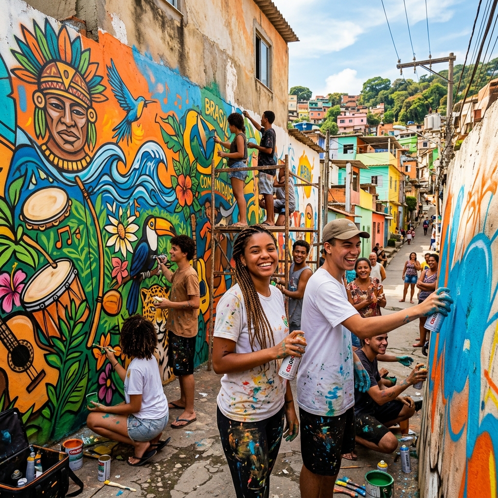 Jovens pintando um colorido mural de grafite nas paredes externas do Ponto de Cultura