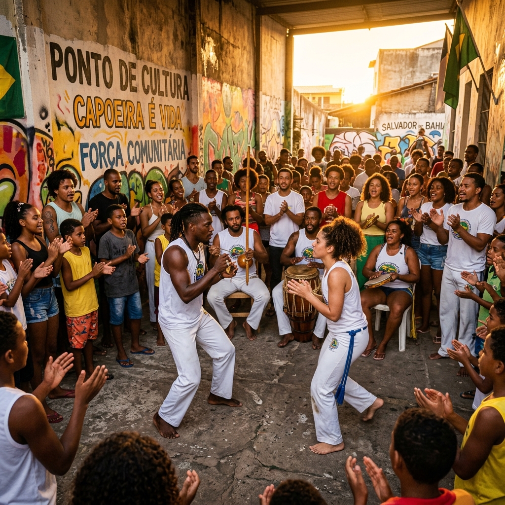 Roda de Capoeira popular no Ponto de Cultura Filhos do Quilombo durante o pôr do sol