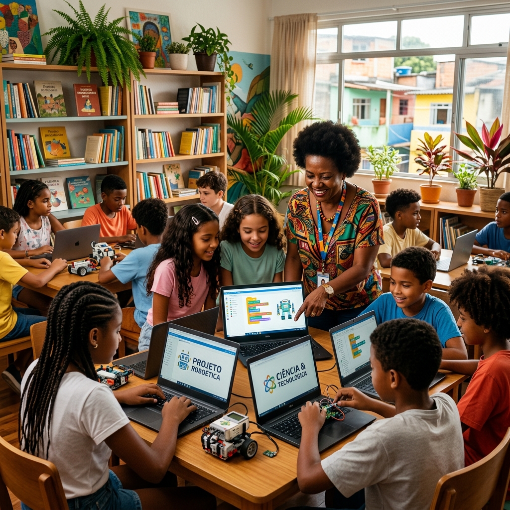 Crianças e adolescentes aprendendo robótica e informática na biblioteca do projeto